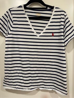 Ralph Lauren Navy and White Striped Tee with Red Pony